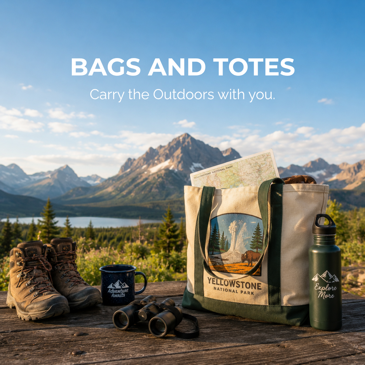 Eco-friendly Yellowstone National Park tote bag displayed on a picnic table with hiking boots, binoculars, and a water bottle overlooking a scenic mountain landscape.