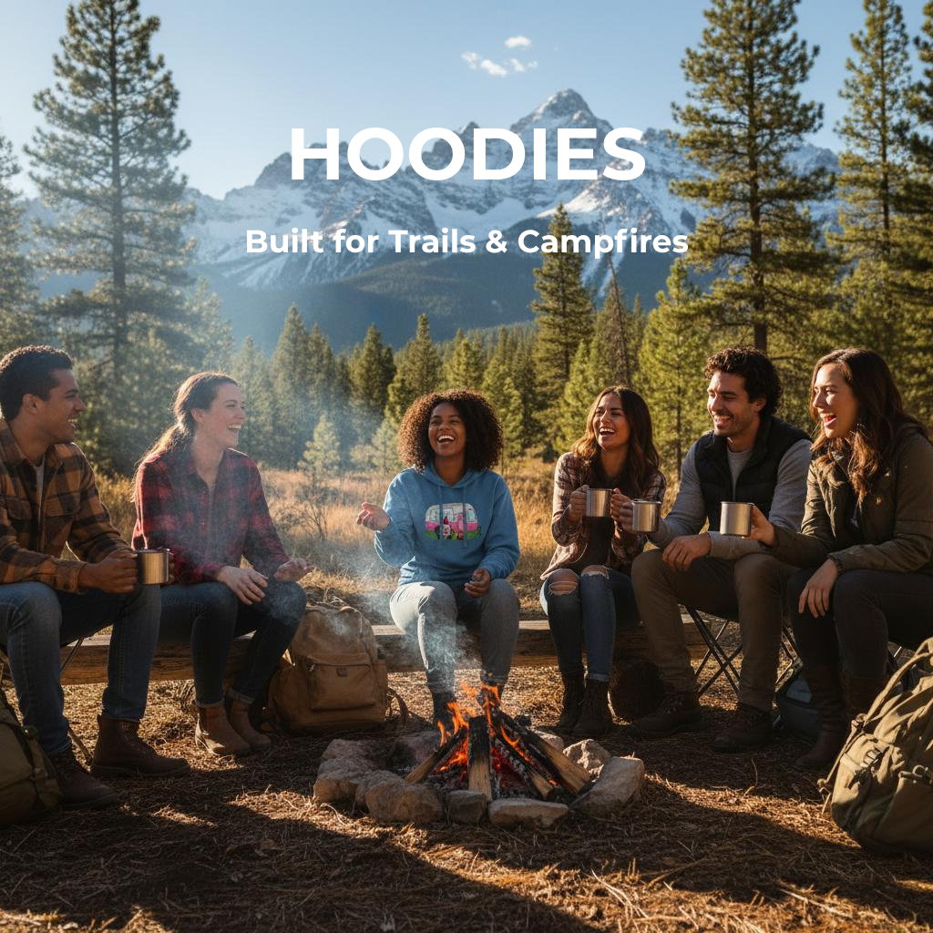 Campers enjoying a mountain campfire while wearing eco-friendly hoodies inspired by hiking, camping, and National Park adventures.