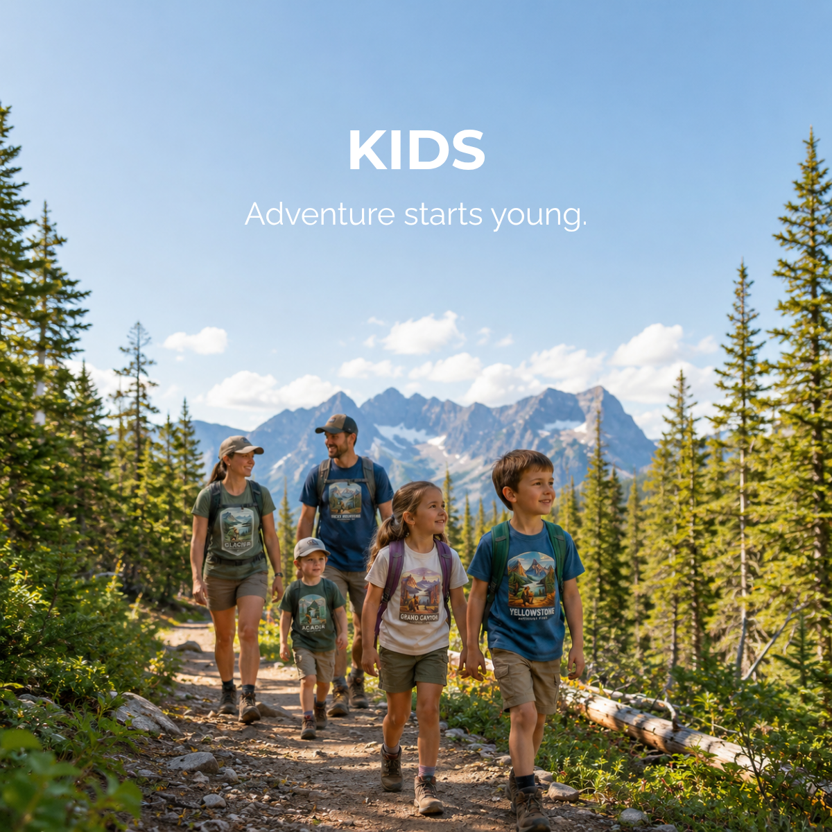 Family of young explorers hiking through a mountain forest while wearing National Park-inspired shirts, celebrating outdoor adventure, travel, and nature.