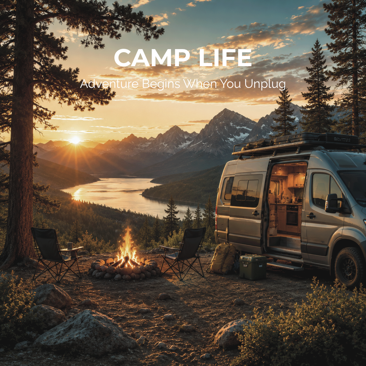 EcoJTees Camp Life Collection featuring a camper van overlooking a mountain lake at sunset with a campfire, pine forest, and scenic outdoor adventure campsite.