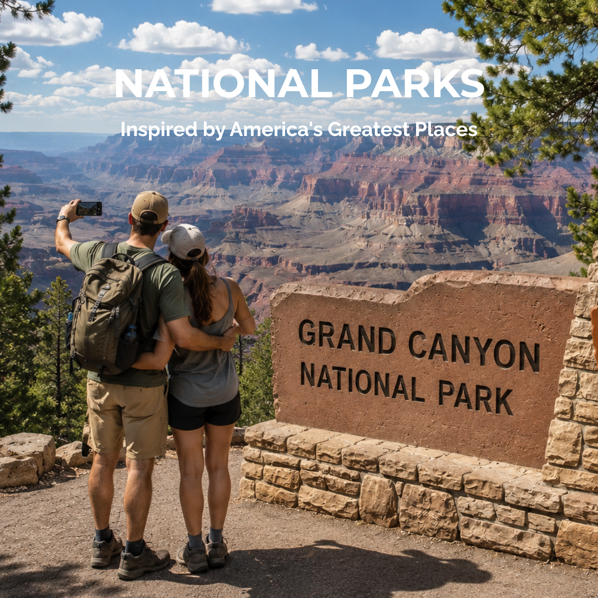 EcoJTees National Parks Collection featuring a rustic wooden National Park entrance sign surrounded by towering pine trees with mountain peaks at sunrise, celebrating outdoor adventure and America's national parks.