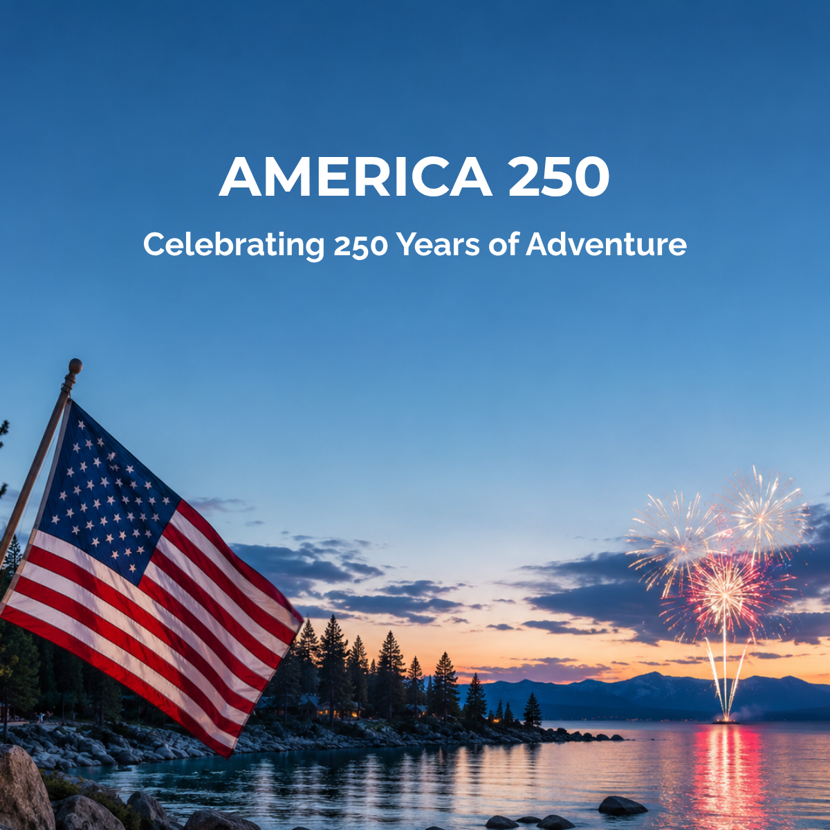 EcoJTees America 250 Collection featuring a vintage American flag over mountain landscapes celebrating 250 years of American independence with patriotic outdoor apparel.