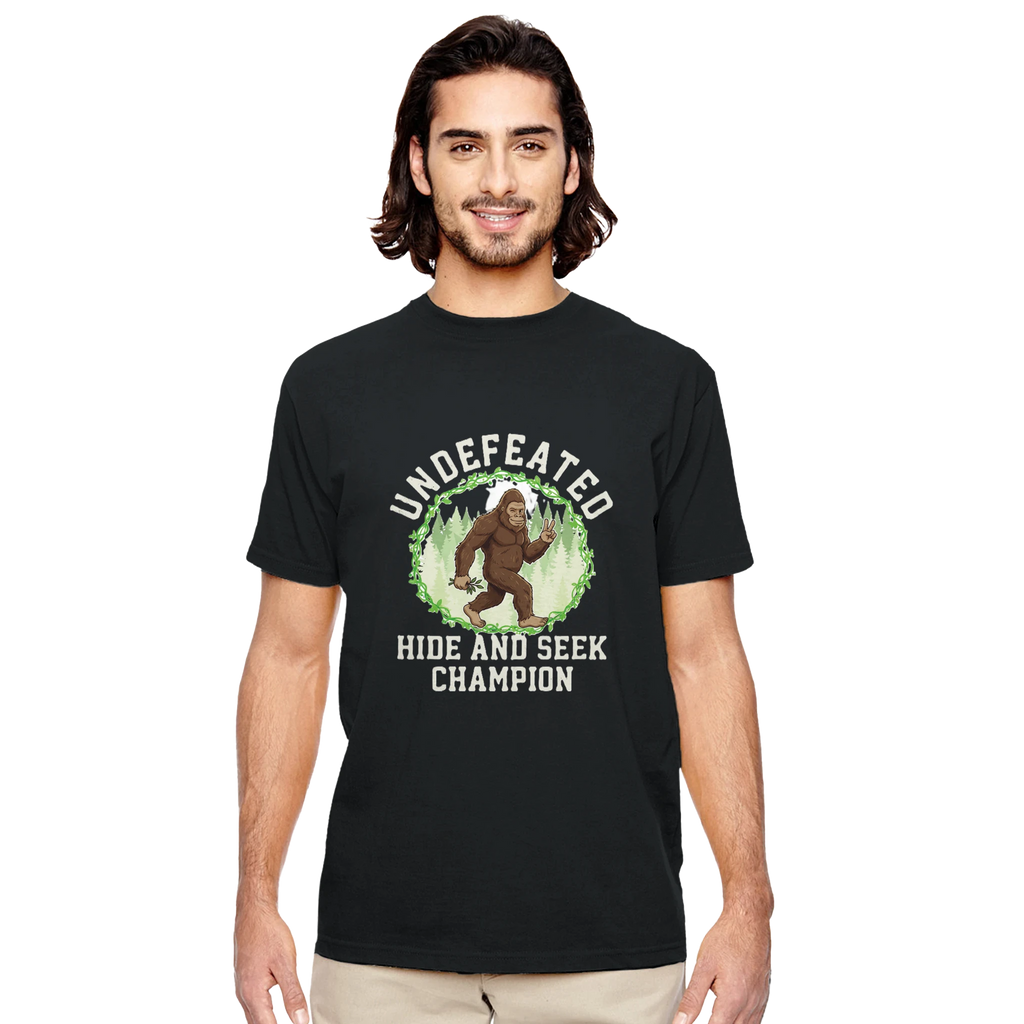 Undefeated Hide and Seek Champion Bigfoot t-shirt, close-up of graphic
