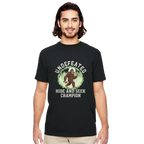 Undefeated Hide and Seek Champion Bigfoot t-shirt, close-up of graphic