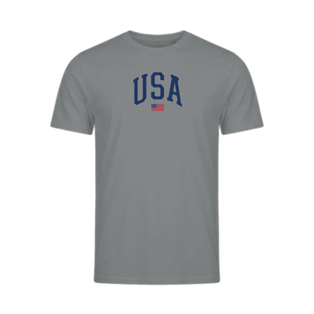 USA Varsity Flag organic cotton t-shirt, close-up of graphic