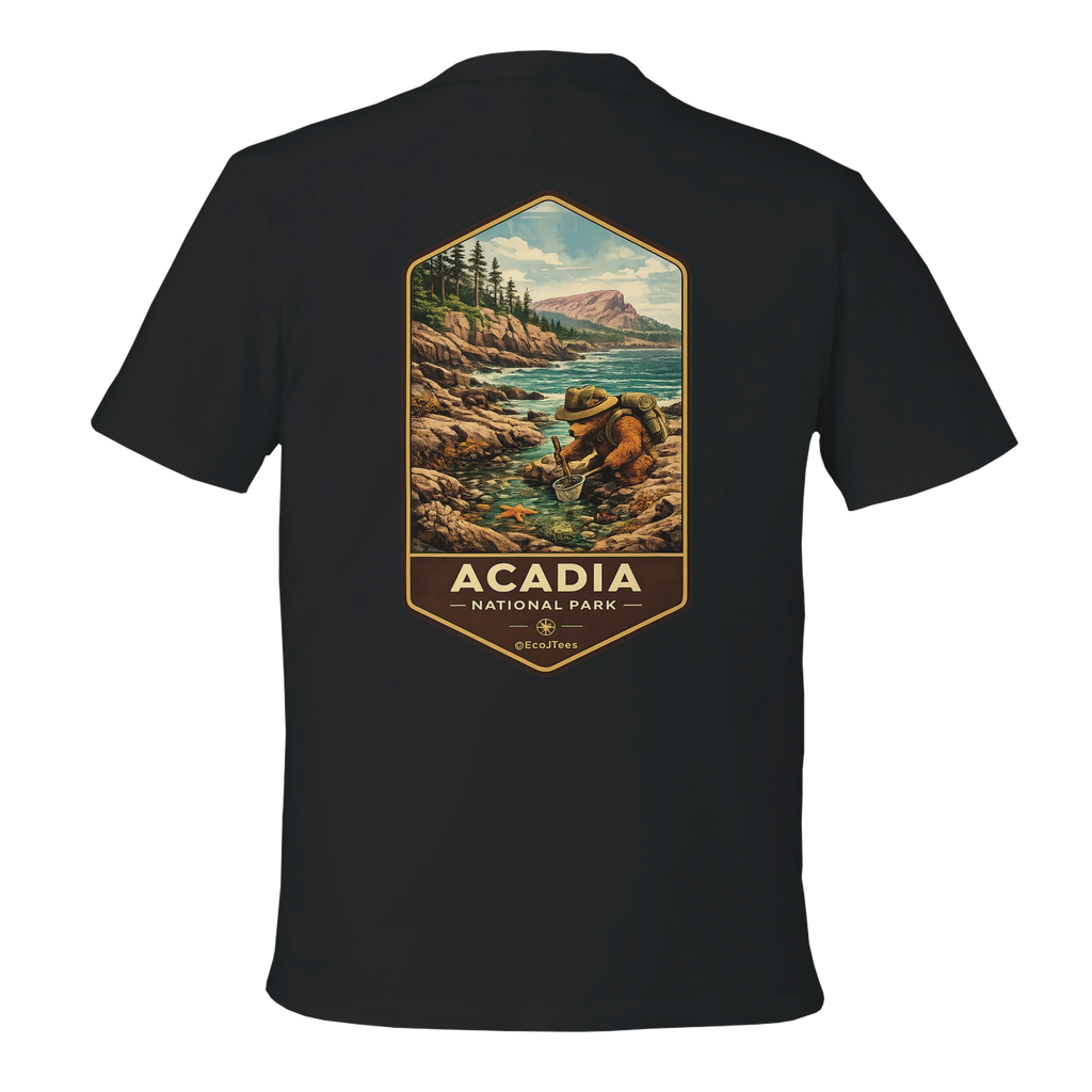 Black t-shirt with Acadia National Park graphic on the back