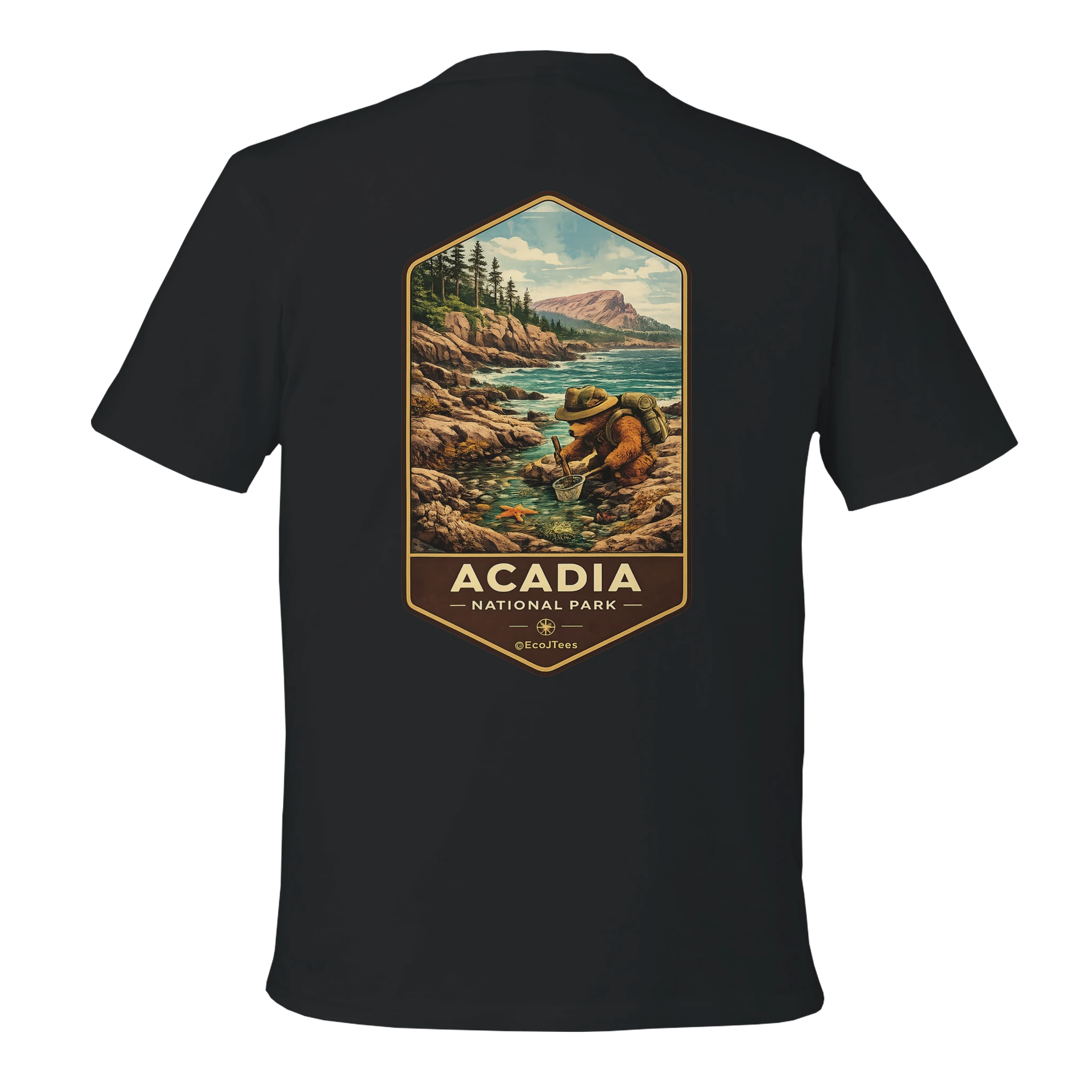 Black t-shirt with Acadia National Park graphic on the back