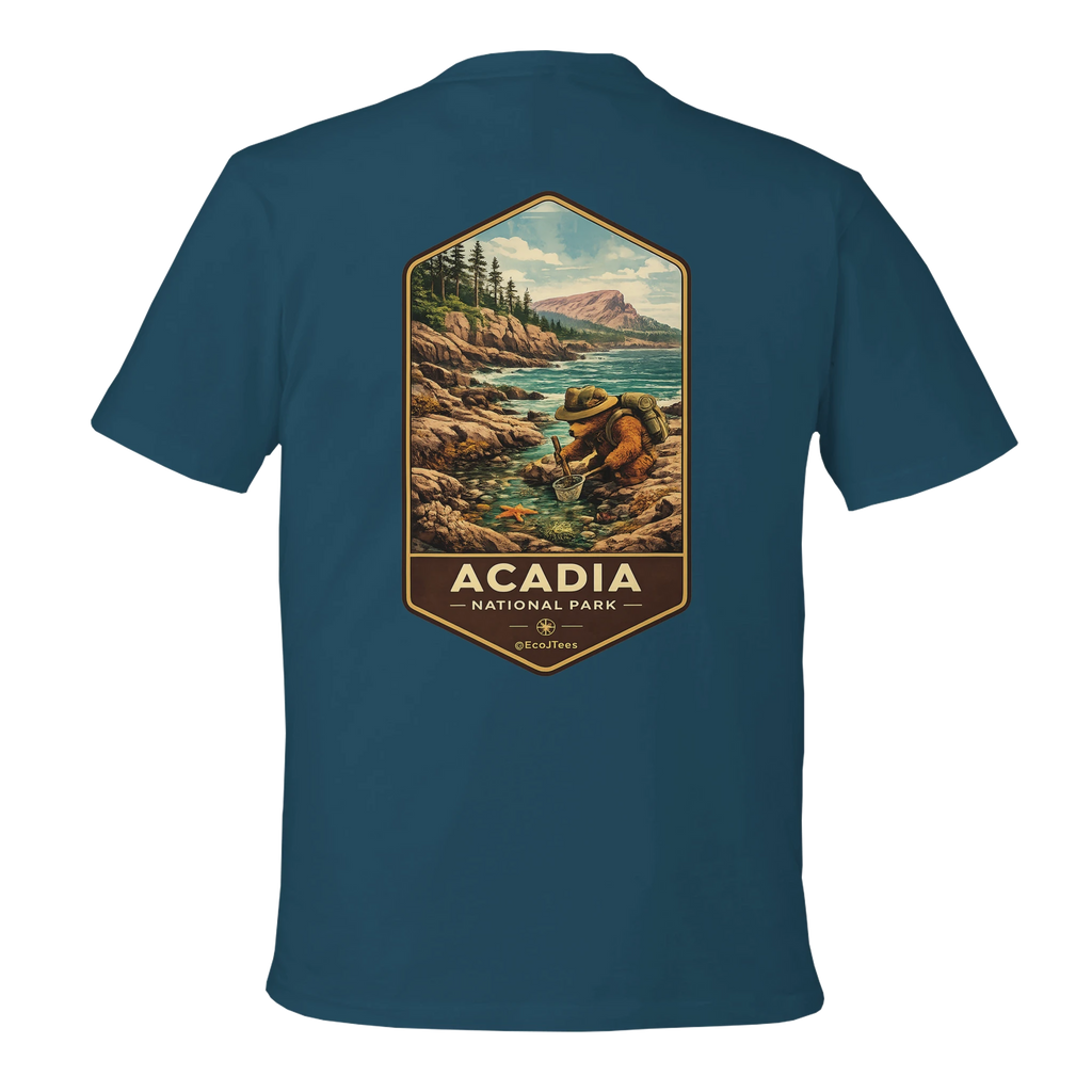 Teal t-shirt with Acadia National Park graphic on the back