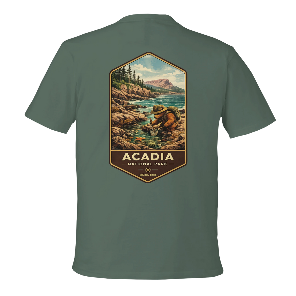 Green t-shirt with Acadia National Park graphic on a white background