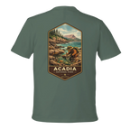 Green t-shirt with Acadia National Park graphic on a white background