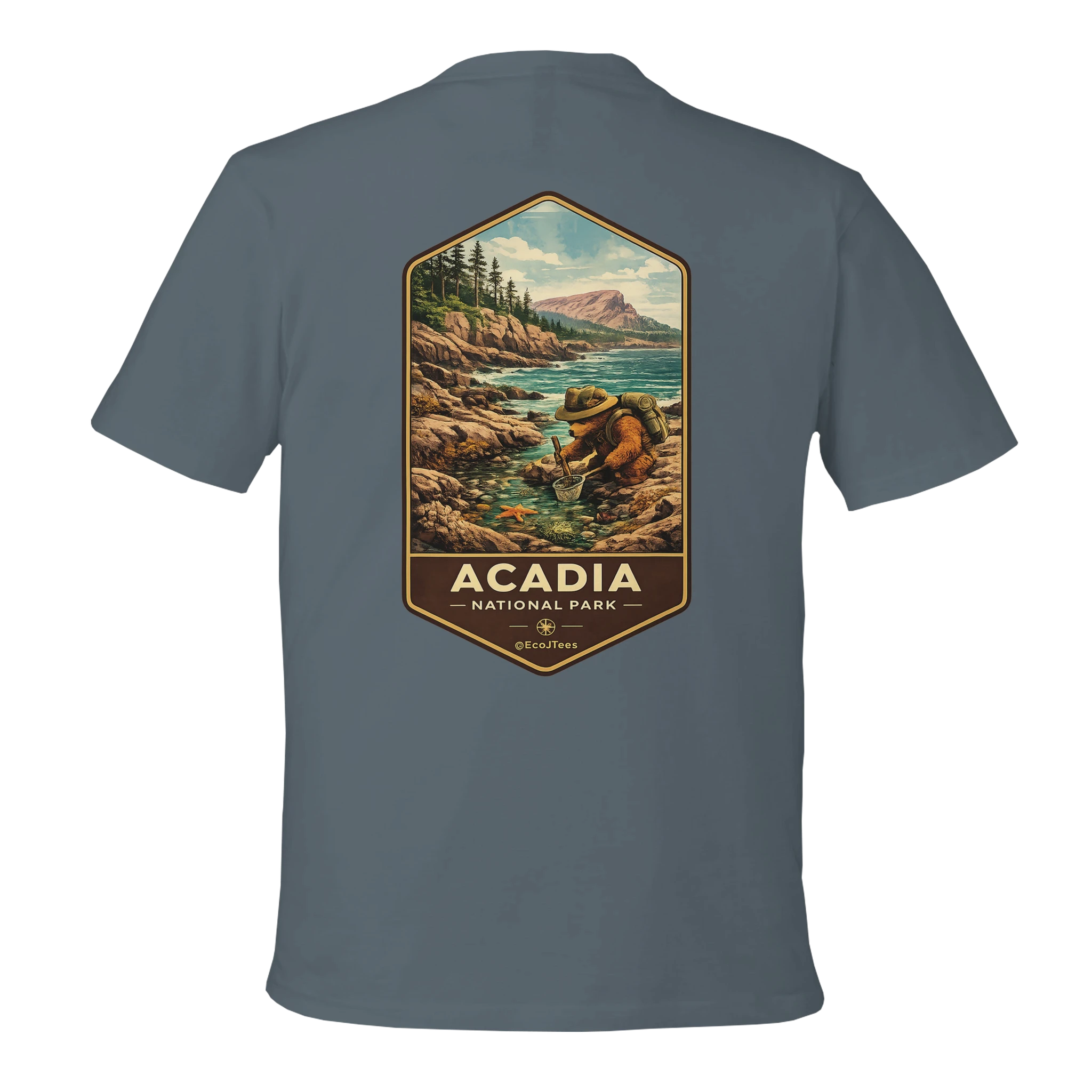 Gray t-shirt with Acadia National Park graphic on the back