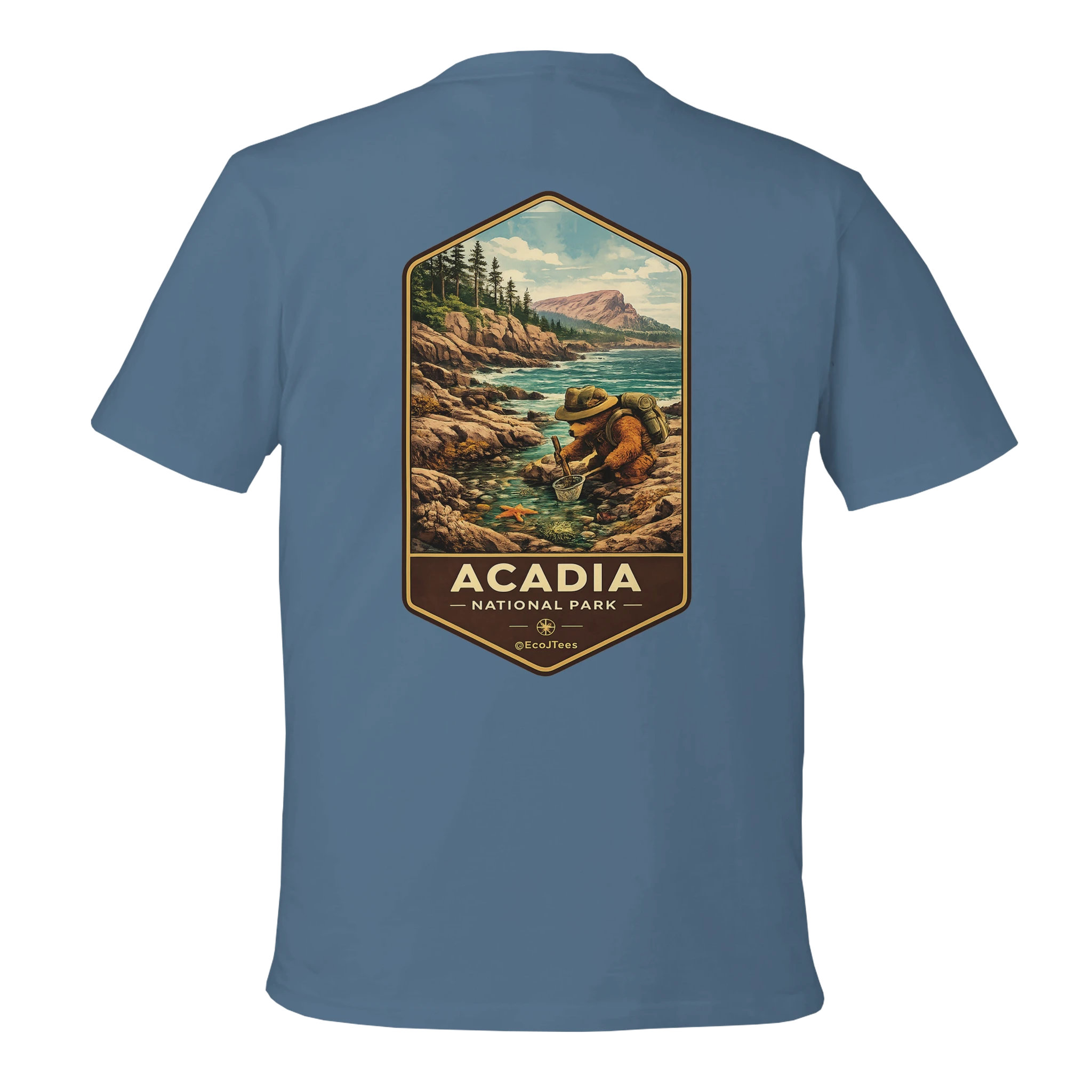 Light Blue t-shirt with Acadia National Park graphic on the back