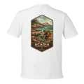 White t-shirt with Acadia National Park graphic on a white background