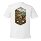 White t-shirt with Acadia National Park graphic on a white background