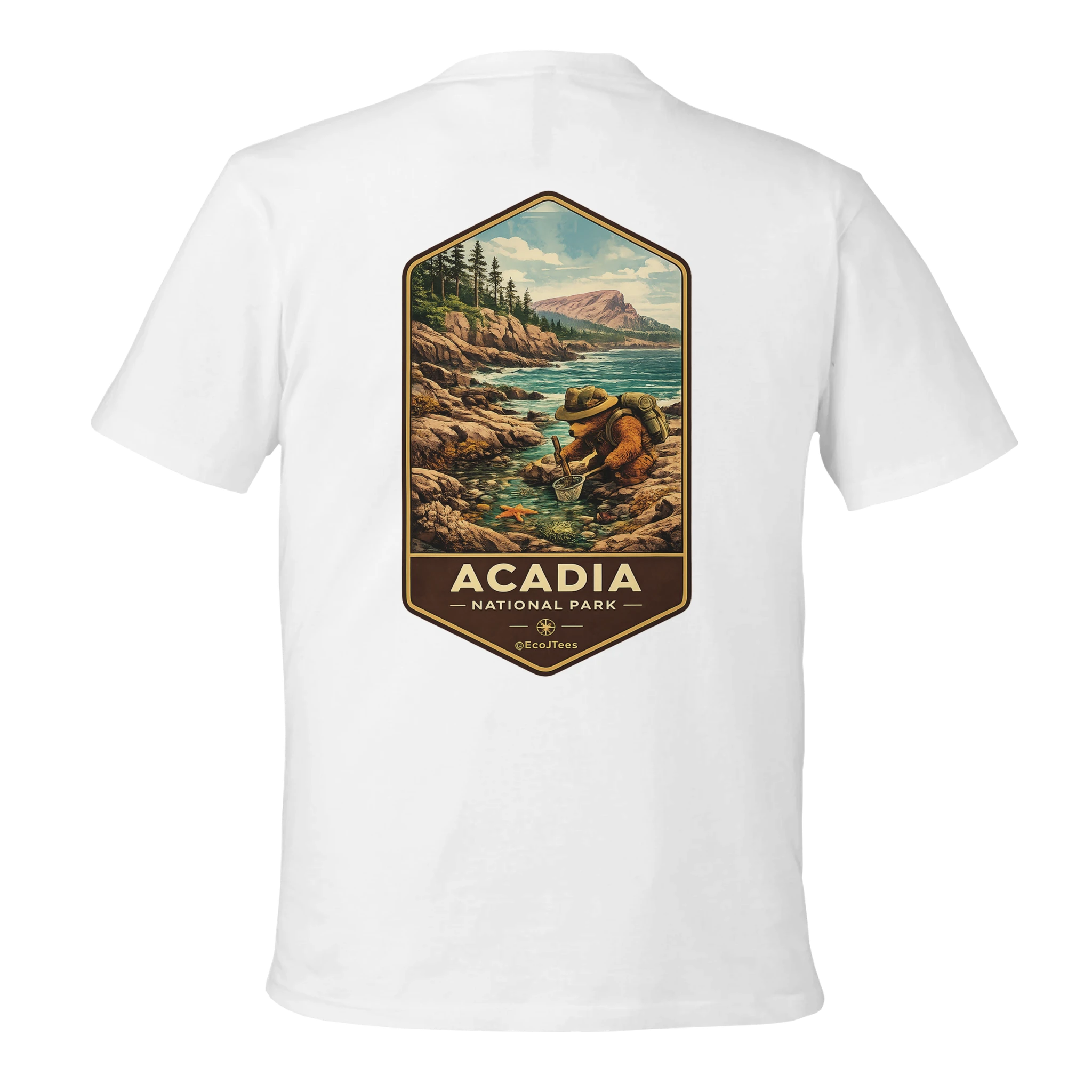 White t-shirt with Acadia National Park graphic on a white background