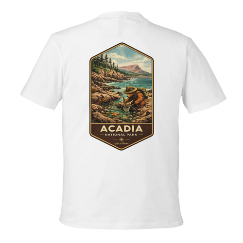 White t-shirt with Acadia National Park graphic on a white background