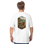 Person wearing a white t-shirt with a scenic graphic and 'Acadia National Park' text on the back.