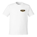 White t-shirt with a small logo on a white background