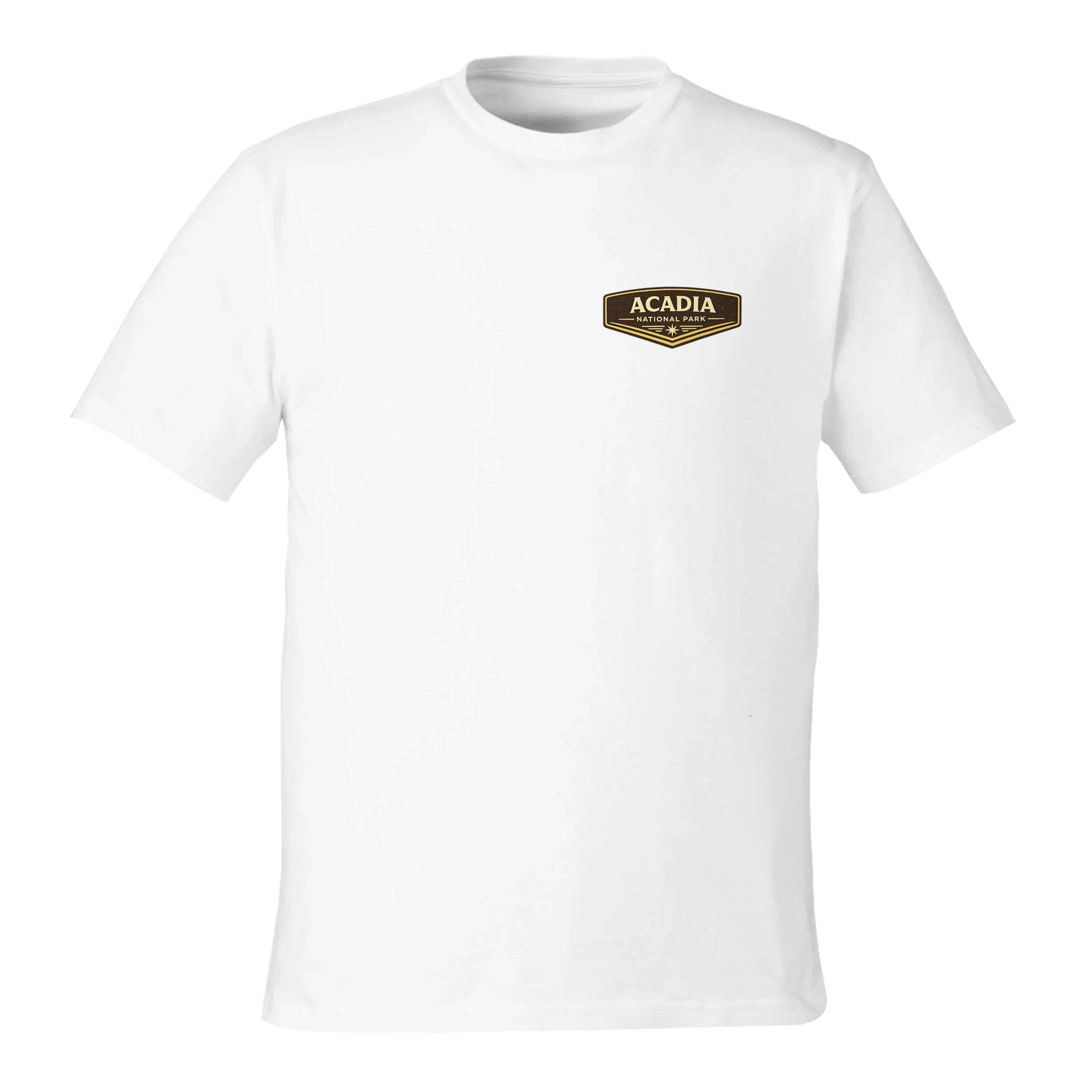 White t-shirt with a small logo on a white background