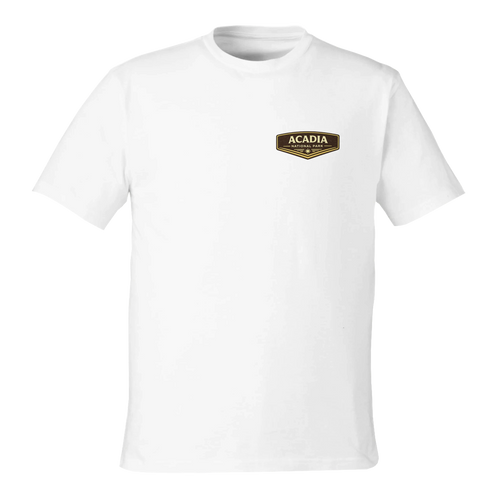 White t-shirt with a small logo on a white background