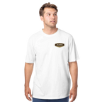 Man wearing a white t-shirt with a logo on a white background