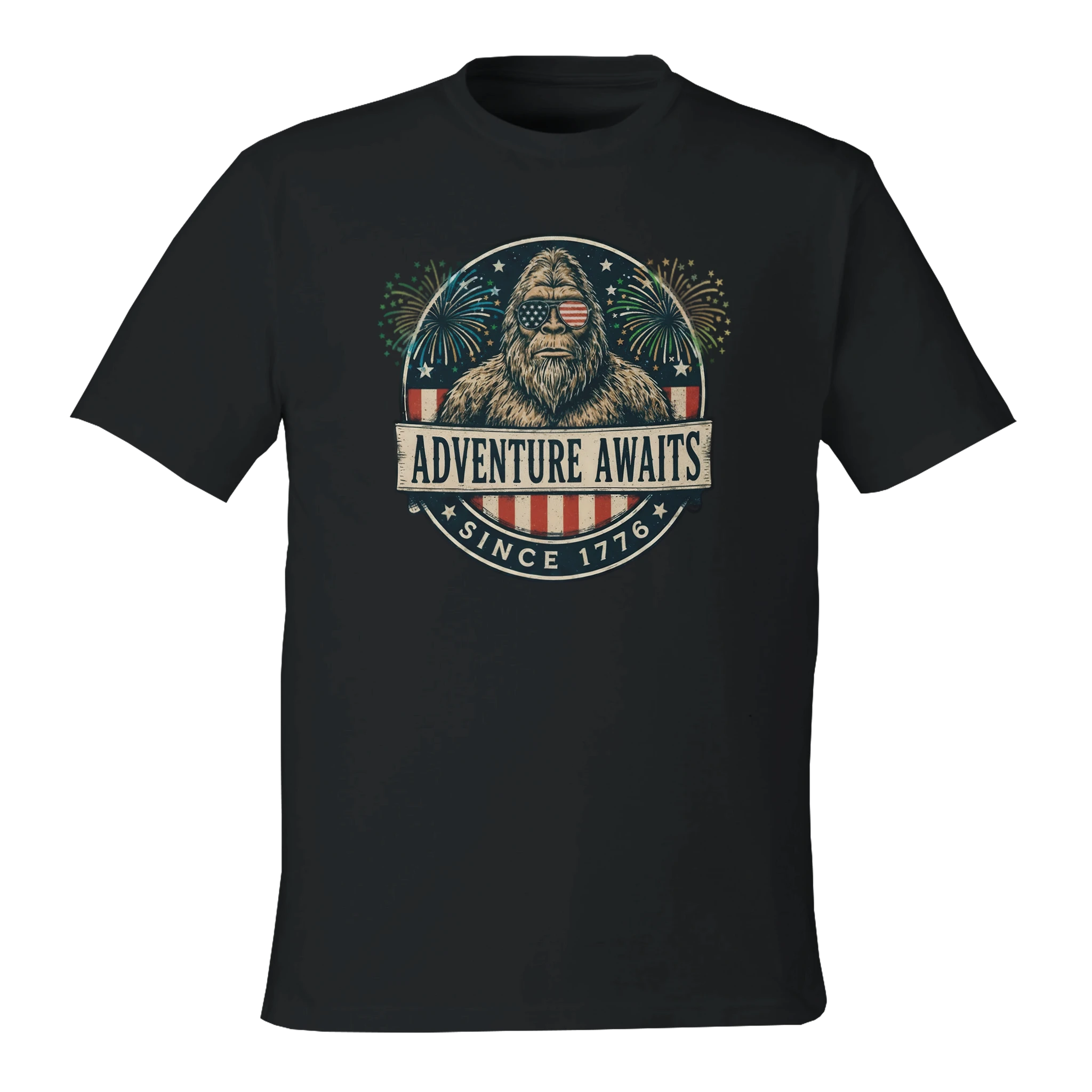 Black t-shirt with a Sasquatch graphic and 'Adventure Awaits' text on a white background