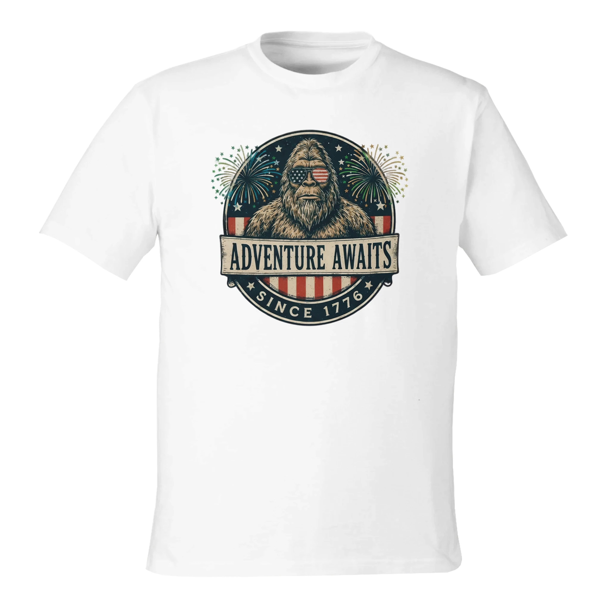 White t-shirt with a graphic of a bear and 'Adventure Awaits' text on a white background