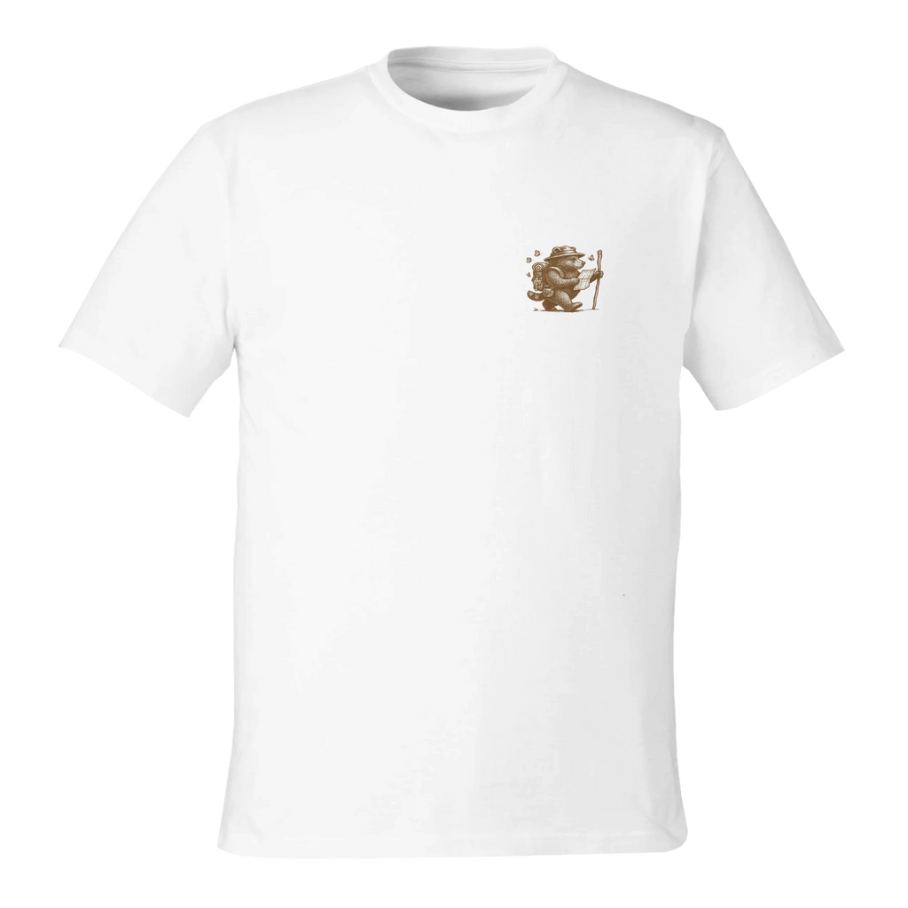 White t-shirt with a small logo on the chest against a white background