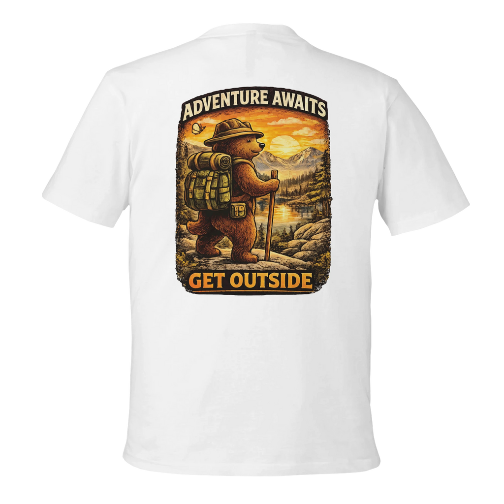 White t-shirt with a bear graphic and 'Adventure Awaits, Get Outside' text on a white background