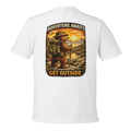 White t-shirt with a bear graphic and 'Adventure Awaits, Get Outside' text on a white background