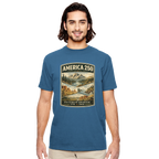 Man wearing a blue t-shirt with a graphic design on a white background