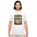 Man wearing a white t-shirt with a graphic design of a mountain and text on a white background