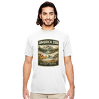 Man wearing a white t-shirt with a graphic design of a mountain and text on a white background