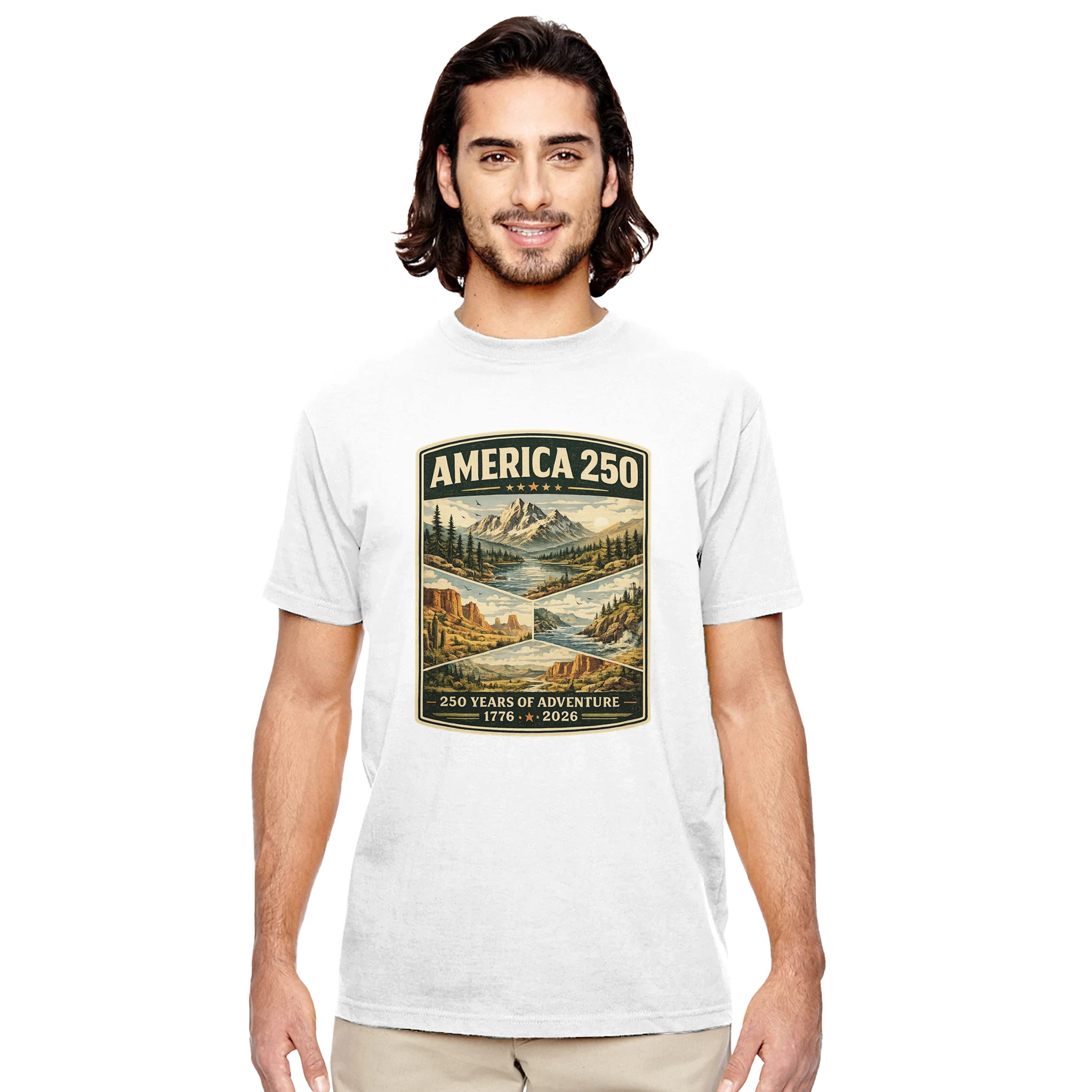 Man wearing a white t-shirt with a graphic design of a mountain and text on a white background