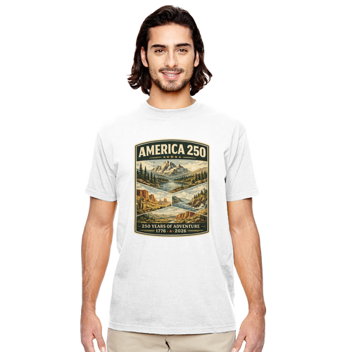 Man wearing a white t-shirt with a graphic design of a mountain and text on a white background