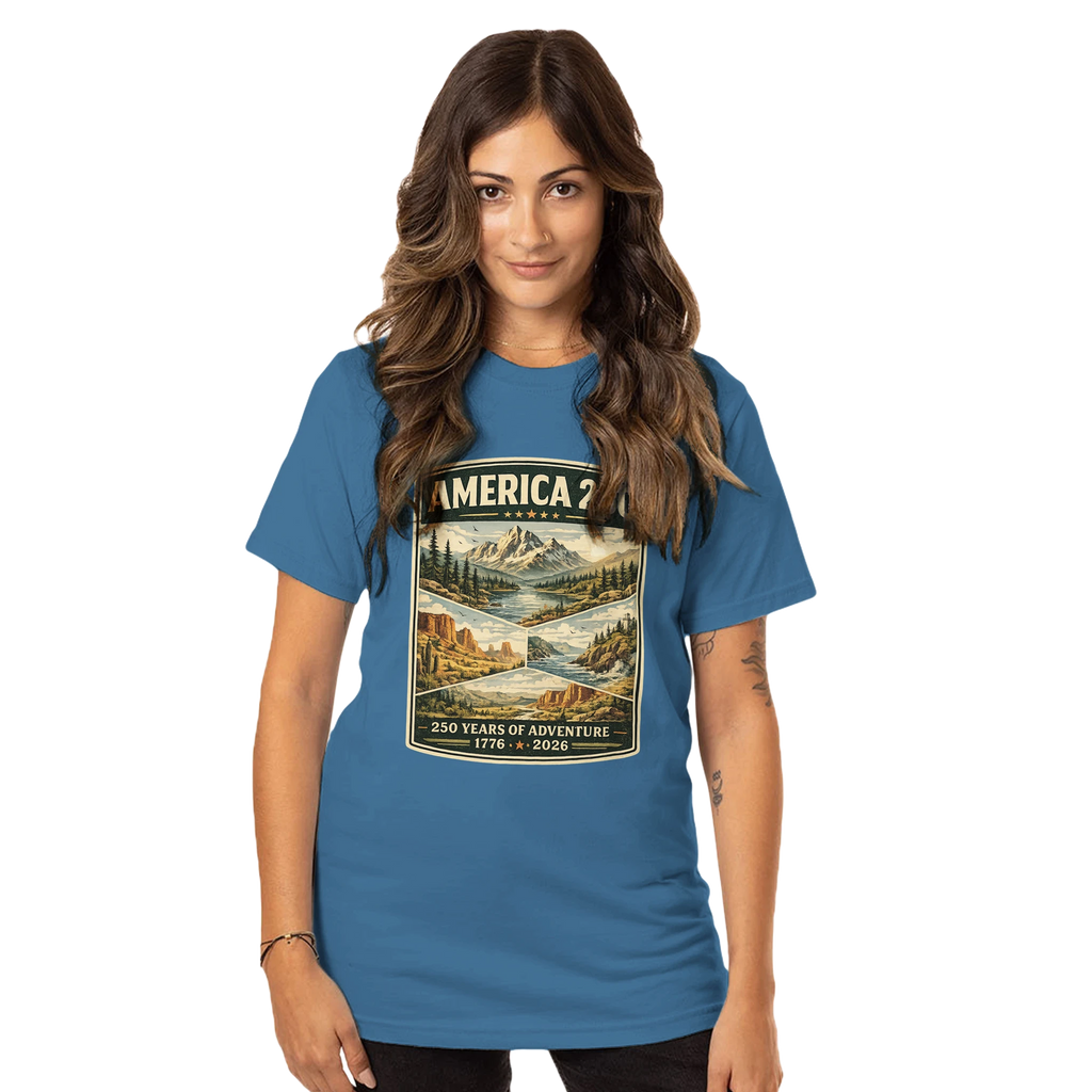Woman wearing a blue t-shirt with a graphic design on a white background