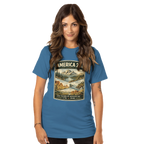 Woman wearing a blue t-shirt with a graphic design on a white background
