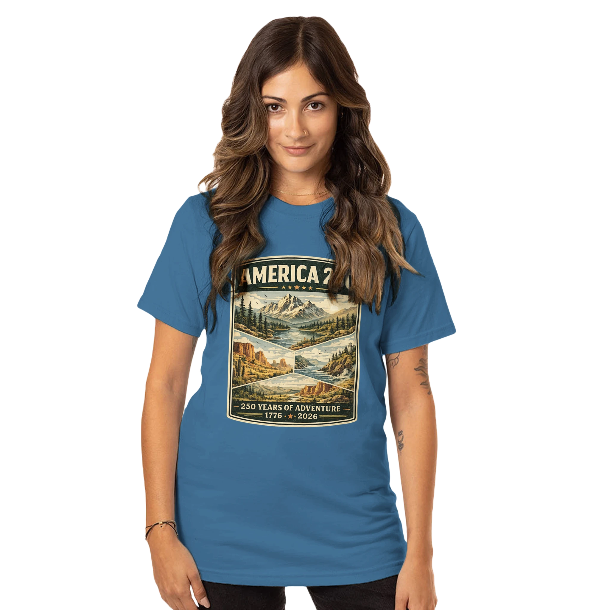 Woman wearing a blue t-shirt with a graphic design on a white background