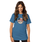Woman wearing a blue t-shirt with an American flag design on a white background