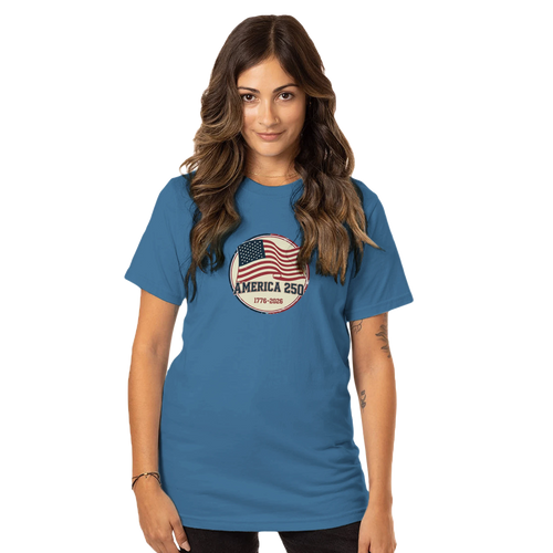 Woman wearing a blue t-shirt with an American flag design on a white background