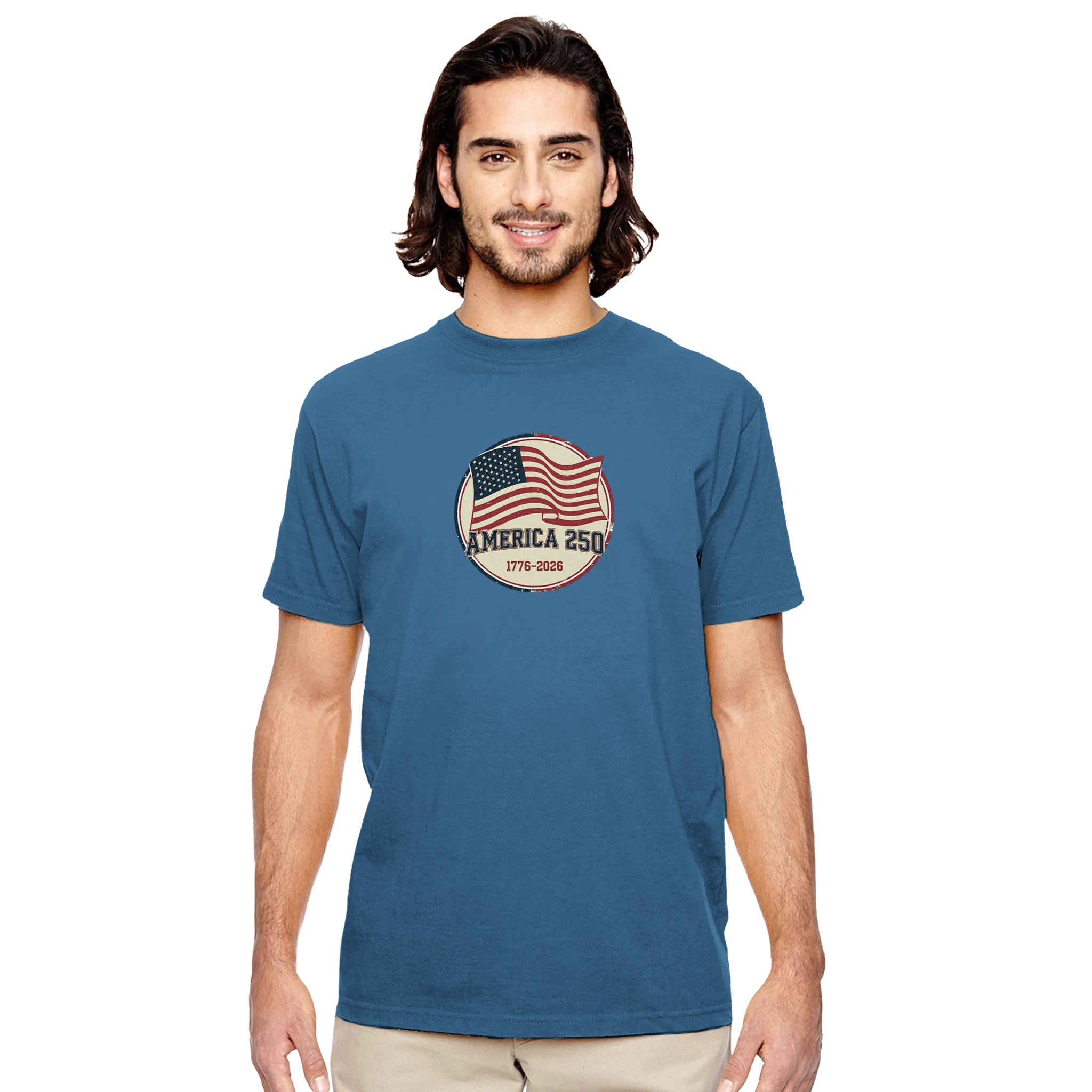 Man wearing a blue t-shirt with an American flag design on a white background