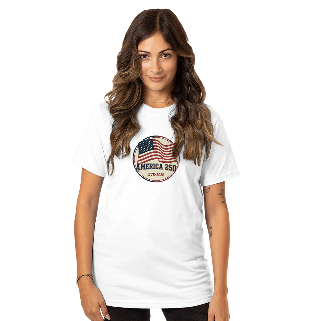 Woman wearing a white t-shirt with an American flag design on a white background