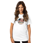 Woman wearing a white t-shirt with an American flag design on a white background