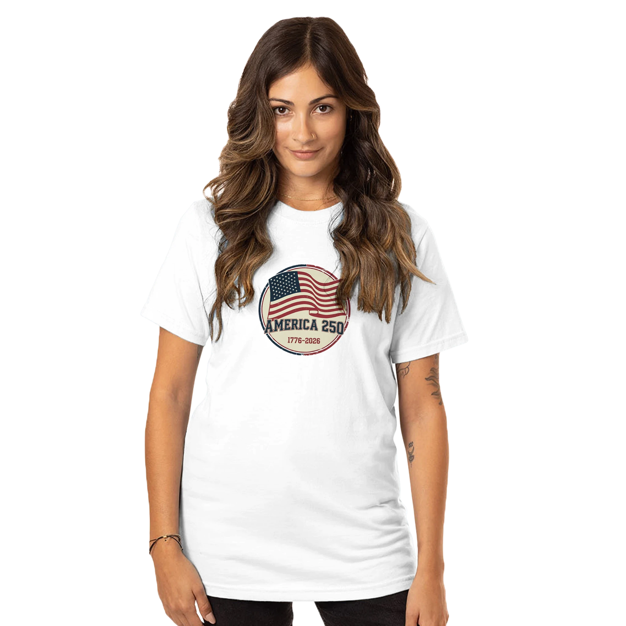 Woman wearing a white t-shirt with an American flag design on a white background