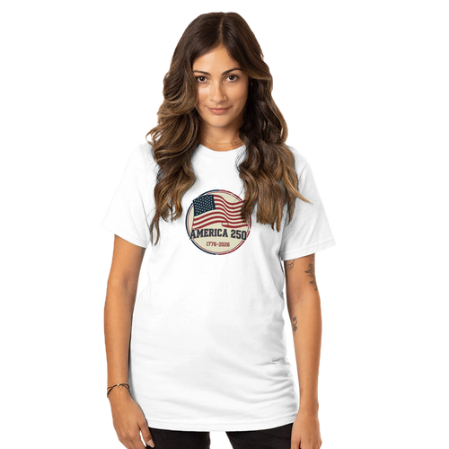 Woman wearing a white t-shirt with an American flag design on a white background