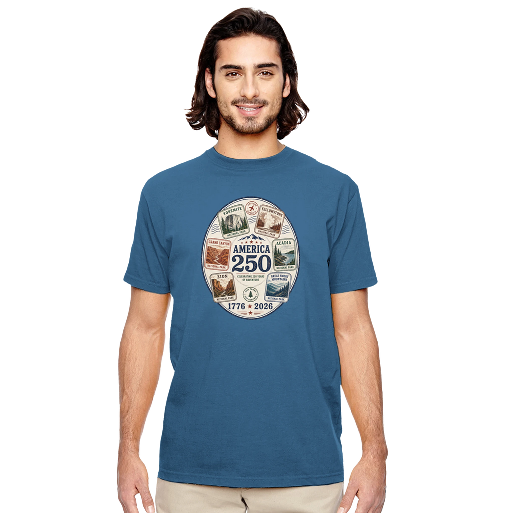 Man wearing a blue t-shirt with a circular graphic design on a white background
