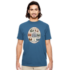 Man wearing a blue t-shirt with a circular graphic design on a white background