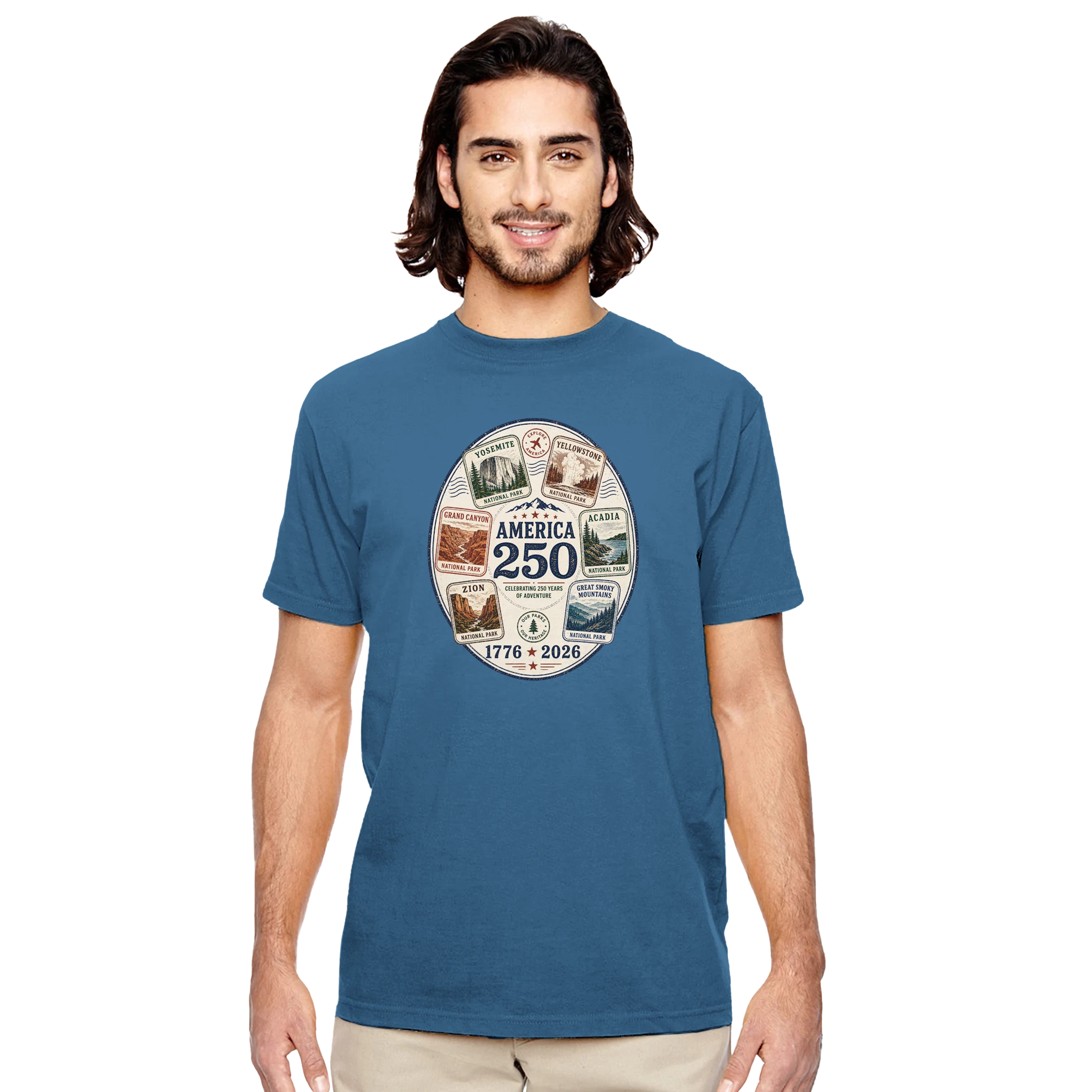 Man wearing a blue t-shirt with a circular graphic design on a white background