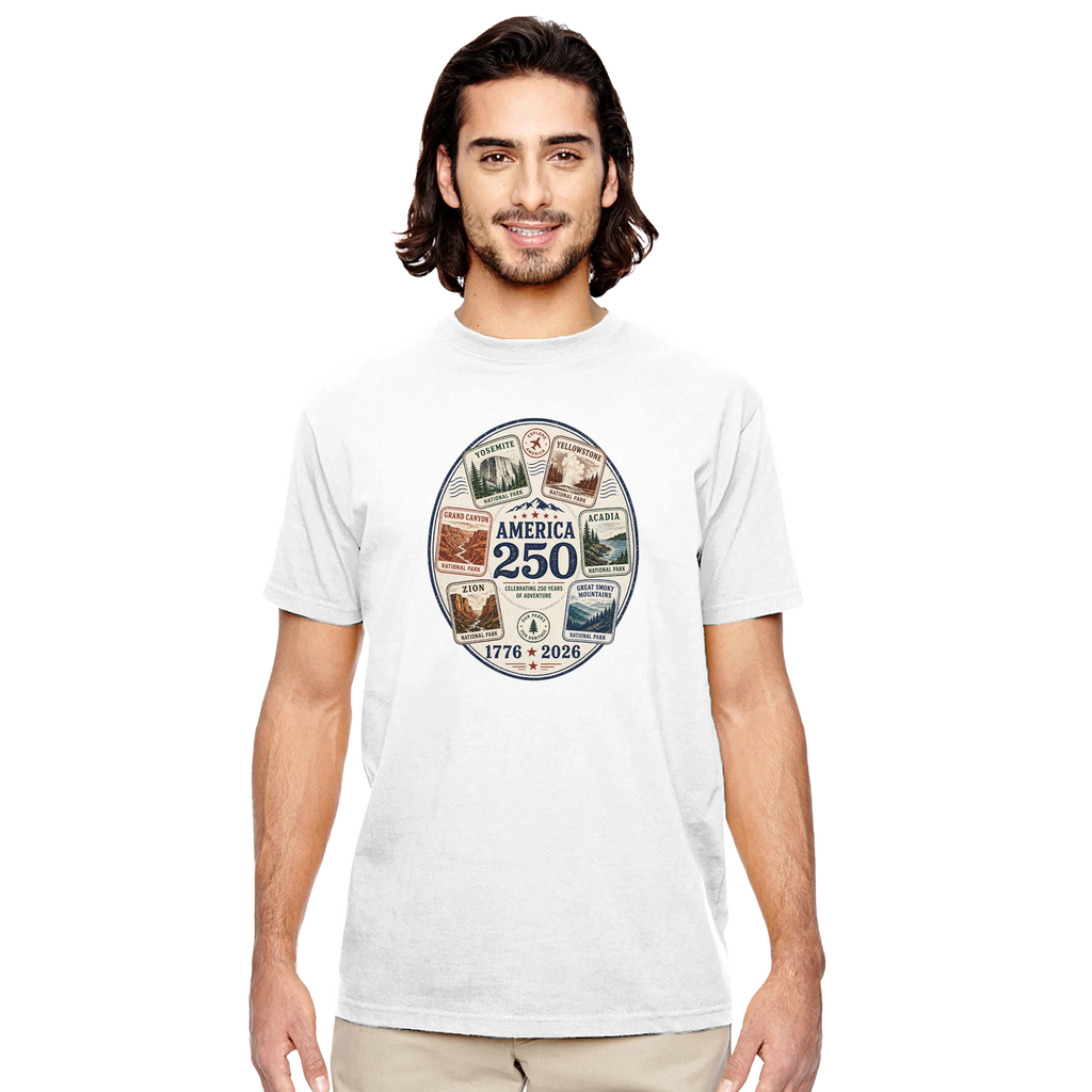 Man wearing a white t-shirt with a graphic design on a white background