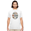 Man wearing a white t-shirt with a graphic design on a white background